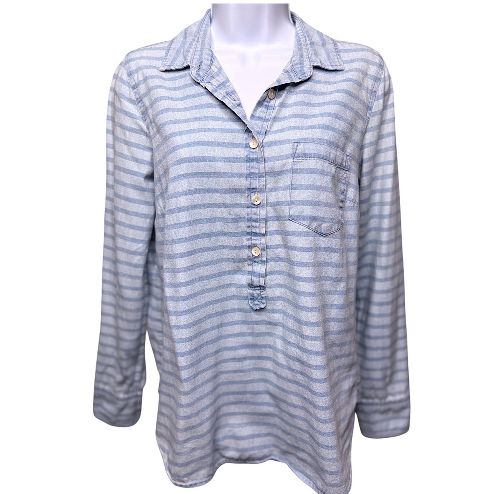 J. CREW Blue Striped Cotton Henley Long Sleeve Pullover Shirt 4 Nautical Preppy